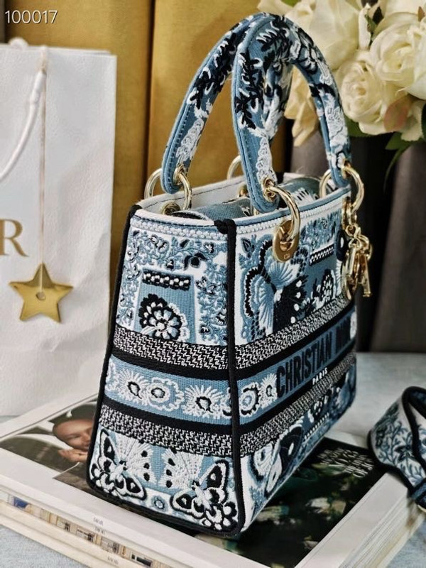 Christian Dior Lady D-Lite Medium Bag 24cm Butterfly Bandana Embroidery, Denim Blue Multicolor