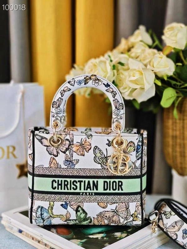 Christian Dior Lady D-Lite Medium Bag 24cm Toile de Jouy Mexico Embroidery, White Multicolor
