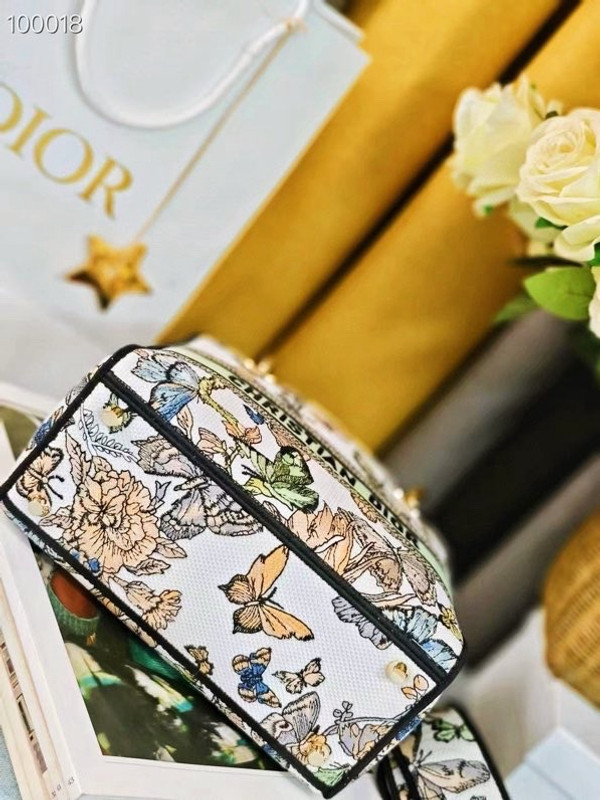 Christian Dior Lady D-Lite Medium Bag 24cm Toile de Jouy Mexico Embroidery, White Multicolor
