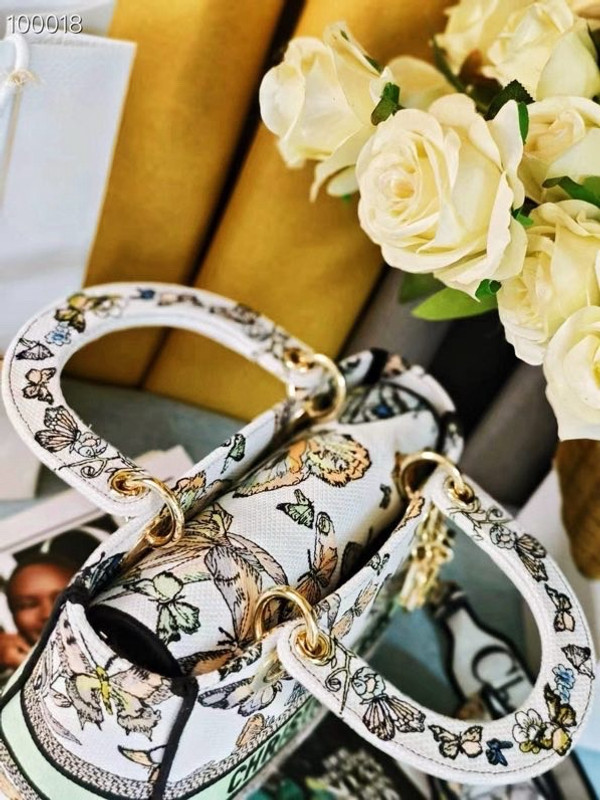 Christian Dior Lady D-Lite Medium Bag 24cm Toile de Jouy Mexico Embroidery, White Multicolor
