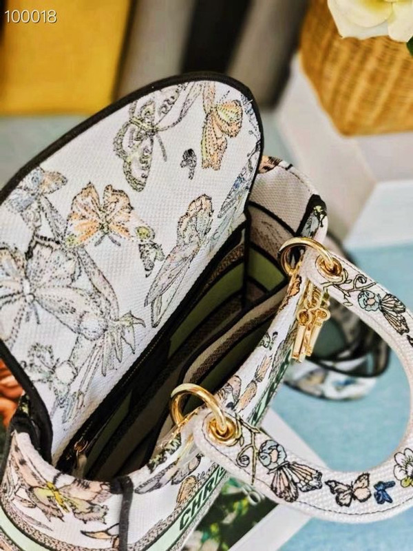 Christian Dior Lady D-Lite Medium Bag 24cm Toile de Jouy Mexico Embroidery, White Multicolor
