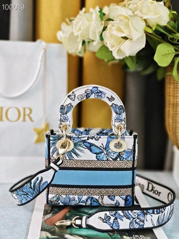 Christian Dior Lady D-Lite Mini Bag 18cm Toile de Jouy Mexico Pietro Ruffo Embroidery, White and Pastel Midnight Blue