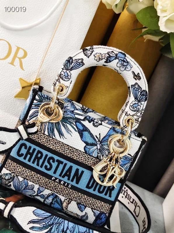 Christian Dior Lady D-Lite Mini Bag 18cm Toile de Jouy Mexico Pietro Ruffo Embroidery, White and Pastel Midnight Blue