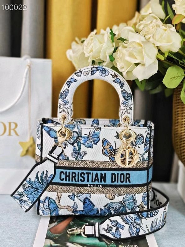 Christian Dior Lady D-Lite Medium Bag 24cm Toile de Jouy Mexico Pietro Ruffo Embroidery, White and Pastel Midnight Blue