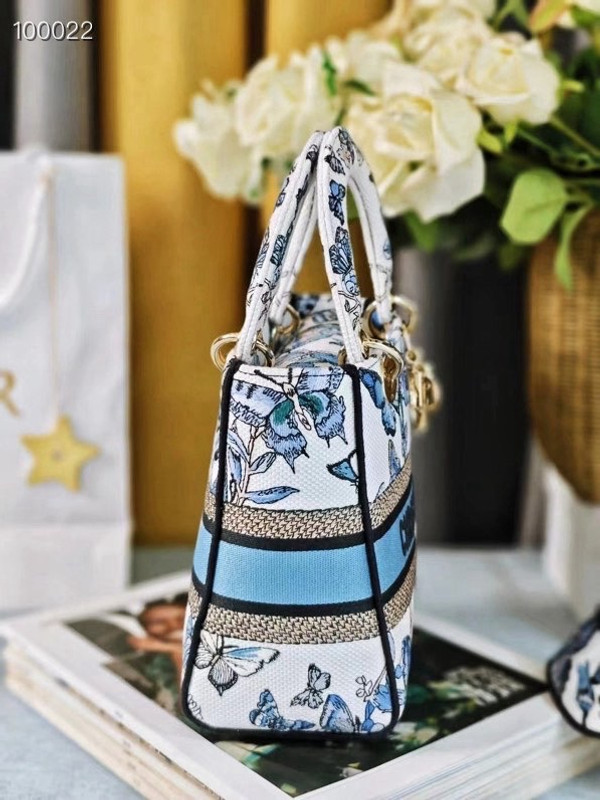 Christian Dior Lady D-Lite Medium Bag 24cm Toile de Jouy Mexico Pietro Ruffo Embroidery, White and Pastel Midnight Blue