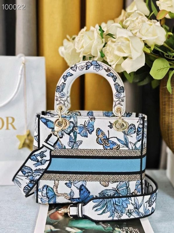 Christian Dior Lady D-Lite Medium Bag 24cm Toile de Jouy Mexico Pietro Ruffo Embroidery, White and Pastel Midnight Blue