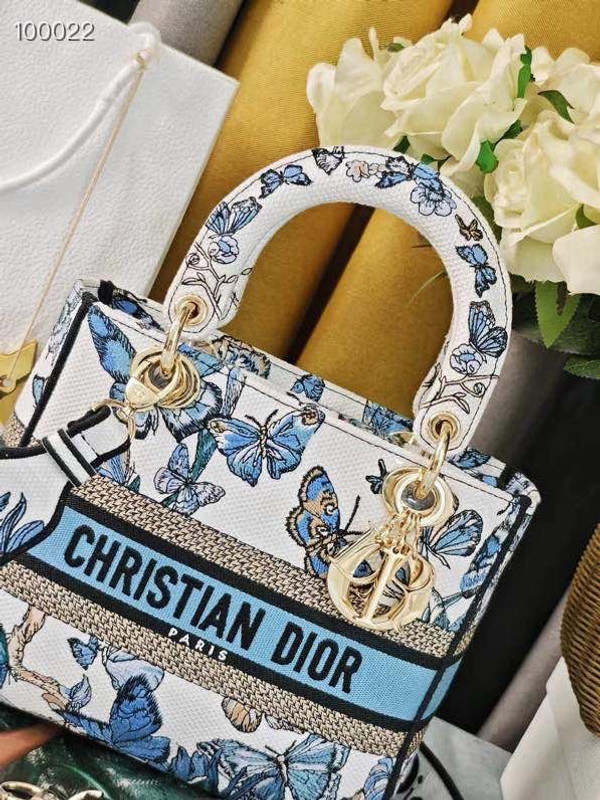 Christian Dior Lady D-Lite Medium Bag 24cm Toile de Jouy Mexico Pietro Ruffo Embroidery, White and Pastel Midnight Blue