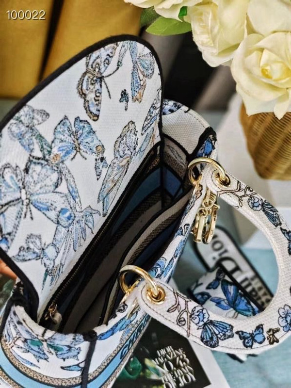 Christian Dior Lady D-Lite Medium Bag 24cm Toile de Jouy Mexico Pietro Ruffo Embroidery, White and Pastel Midnight Blue