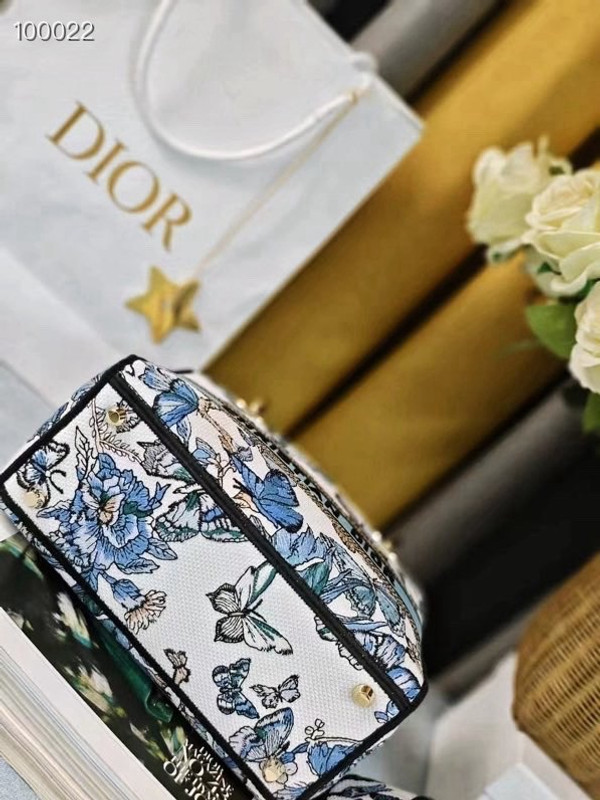 Christian Dior Lady D-Lite Medium Bag 24cm Toile de Jouy Mexico Pietro Ruffo Embroidery, White and Pastel Midnight Blue