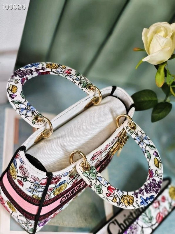 Christian Dior Lady D-Lite Medium Bag 24cm Florilegio Embroidery, White Multicolor