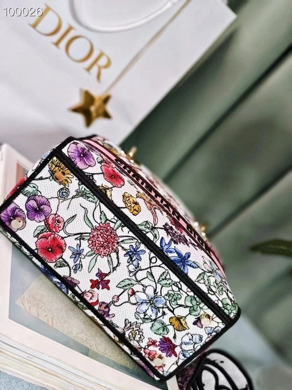Christian Dior Lady D-Lite Medium Bag 24cm Florilegio Embroidery, White Multicolor