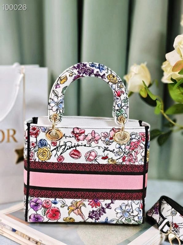 Christian Dior Lady D-Lite Medium Bag 24cm Florilegio Embroidery, White Multicolor