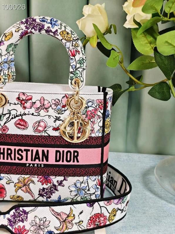 Christian Dior Lady D-Lite Medium Bag 24cm Florilegio Embroidery, White Multicolor