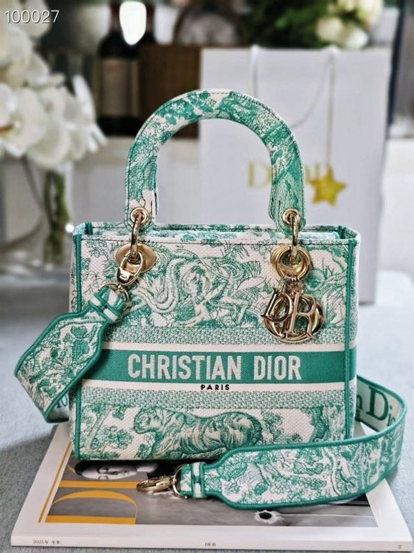 Christian Dior Lady D-Lite Medium Bag 24cm Toile de Jouy Embroidery, Aquamarina