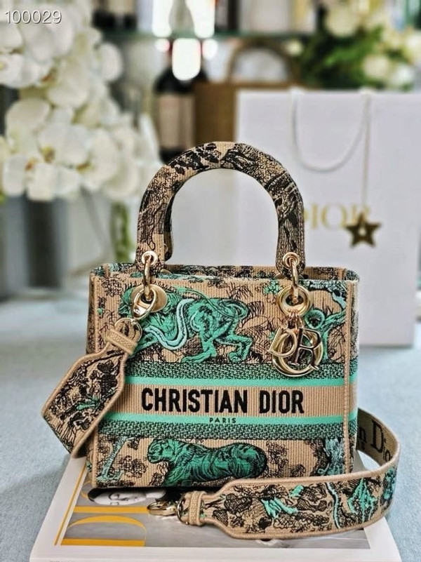 Christian Dior Lady D-Lite Medium Bag 24cm Toile de Jouy Sauvage Embroidery, Raffia with Aquamarina