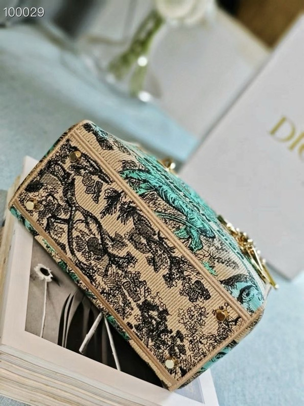 Christian Dior Lady D-Lite Medium Bag 24cm Toile de Jouy Sauvage Embroidery, Raffia with Aquamarina