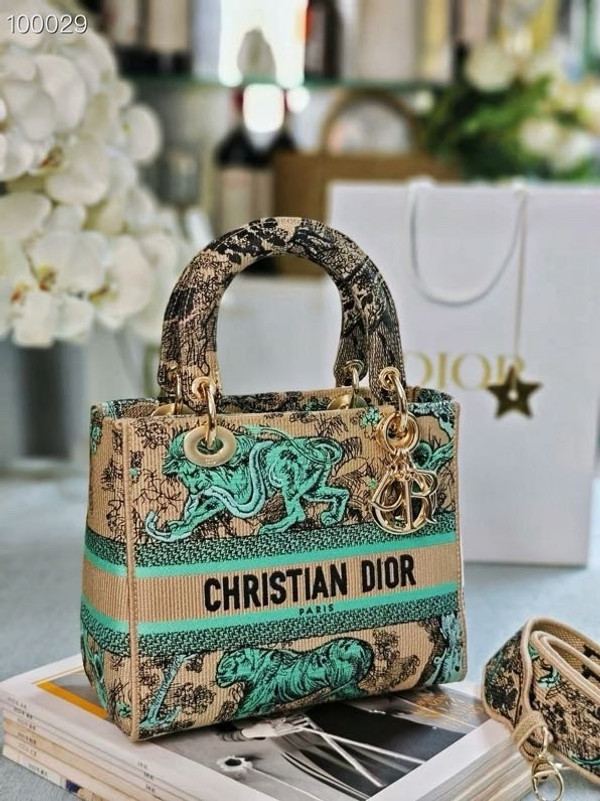 Christian Dior Lady D-Lite Medium Bag 24cm Toile de Jouy Sauvage Embroidery, Raffia with Aquamarina