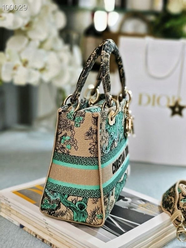 Christian Dior Lady D-Lite Medium Bag 24cm Toile de Jouy Sauvage Embroidery, Raffia with Aquamarina