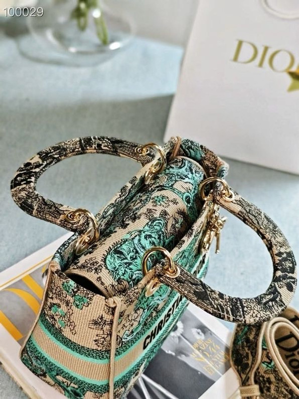 Christian Dior Lady D-Lite Medium Bag 24cm Toile de Jouy Sauvage Embroidery, Raffia with Aquamarina