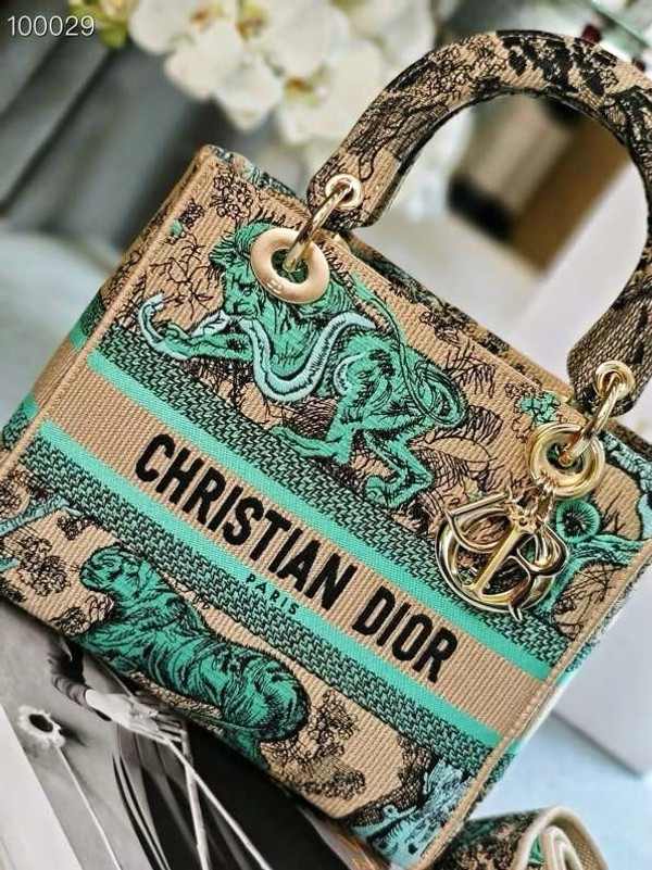 Christian Dior Lady D-Lite Medium Bag 24cm Toile de Jouy Sauvage Embroidery, Raffia with Aquamarina