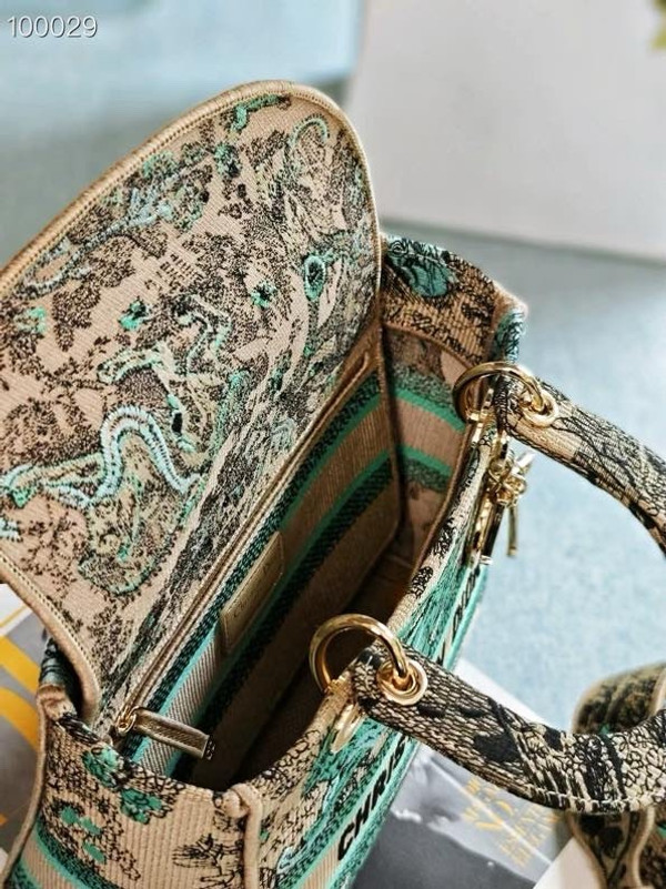 Christian Dior Lady D-Lite Medium Bag 24cm Toile de Jouy Sauvage Embroidery, Raffia with Aquamarina