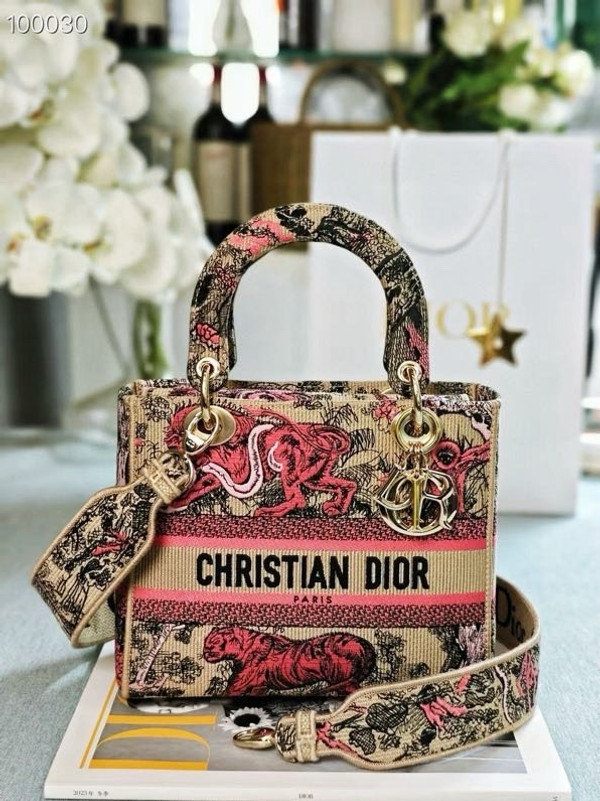 Christian Dior Lady D-Lite Medium Bag 24cm Toile de Jouy Sauvage Embroidery, Raffia with Candy Pink