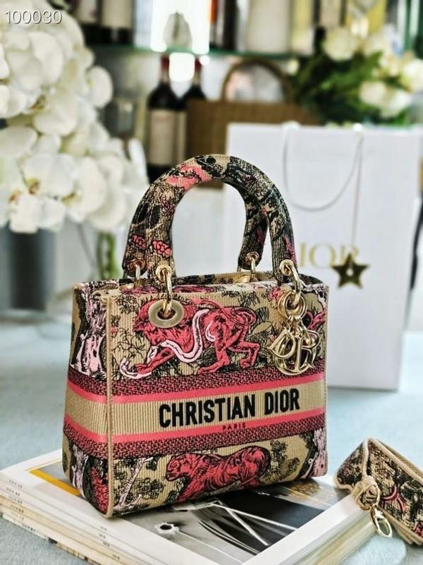 Christian Dior Lady D-Lite Medium Bag 24cm Toile de Jouy Sauvage Embroidery, Raffia with Candy Pink