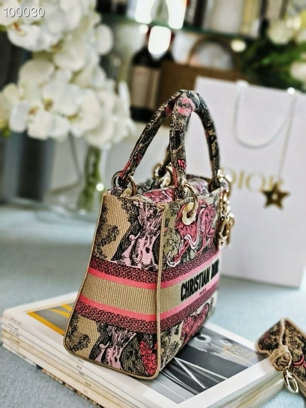 Christian Dior Lady D-Lite Medium Bag 24cm Toile de Jouy Sauvage Embroidery, Raffia with Candy Pink