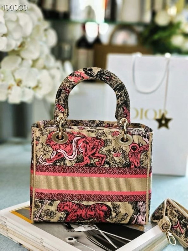 Christian Dior Lady D-Lite Medium Bag 24cm Toile de Jouy Sauvage Embroidery, Raffia with Candy Pink