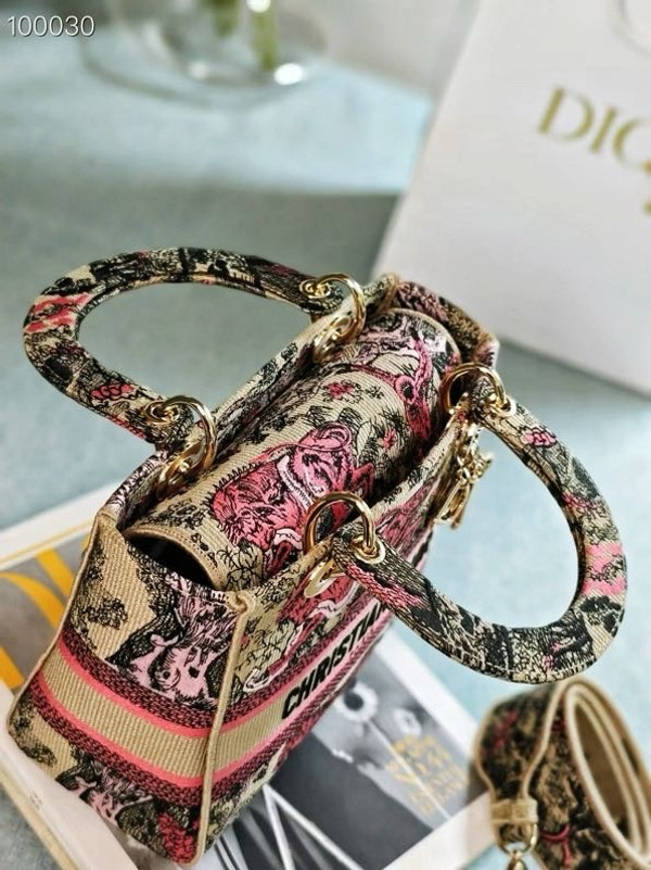 Christian Dior Lady D-Lite Medium Bag 24cm Toile de Jouy Sauvage Embroidery, Raffia with Candy Pink