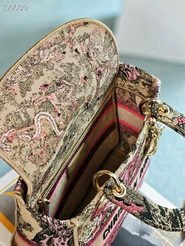 Christian Dior Lady D-Lite Medium Bag 24cm Toile de Jouy Sauvage Embroidery, Raffia with Candy Pink