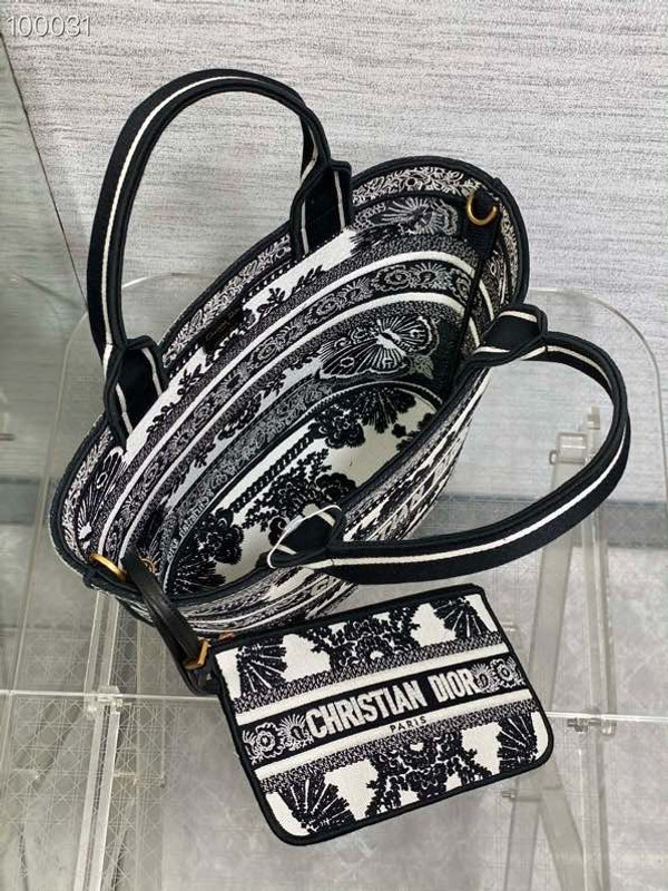 Christian Dior Hat Basket Bag 28cm Butterfly Bandana Embroidery, White and Black