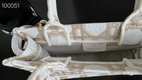 Christian Dior Mini Book Tote Bag 22cm Macrocannage Embroidery, White and Gold-Tone