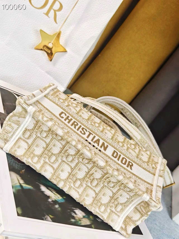 Christian Dior Mini Book Tote Bag 22cm Oblique Embroidery, White and Gold-Tone