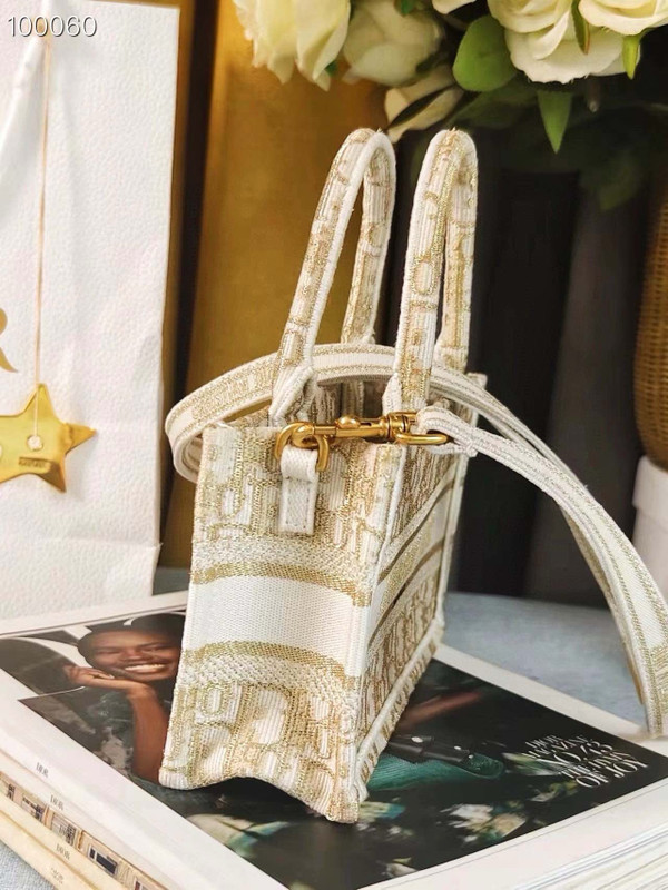 Christian Dior Mini Book Tote Bag 22cm Oblique Embroidery, White and Gold-Tone