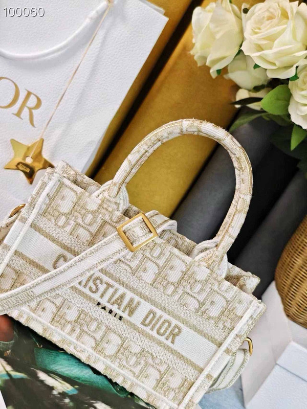 Christian Dior Mini Book Tote Bag 22cm Oblique Embroidery, White and Gold-Tone