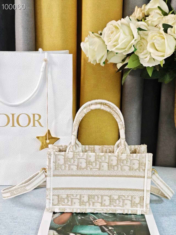 Christian Dior Mini Book Tote Bag 22cm Oblique Embroidery, White and Gold-Tone