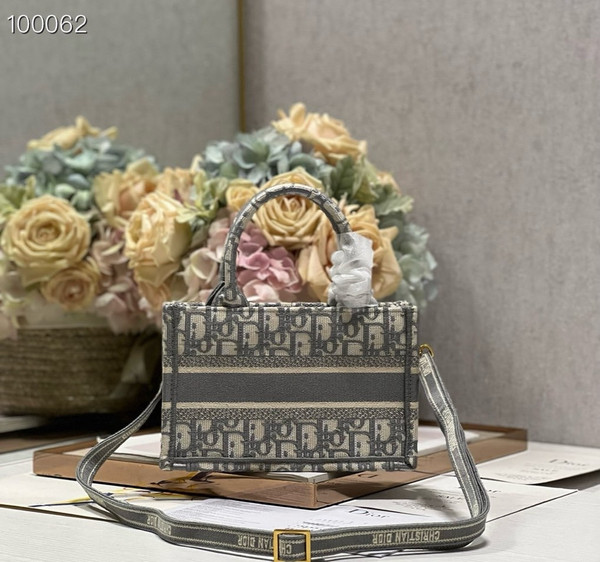 Christian Dior Mini Book Tote Bag 22cm Oblique Embroidery, Ecru and Gray