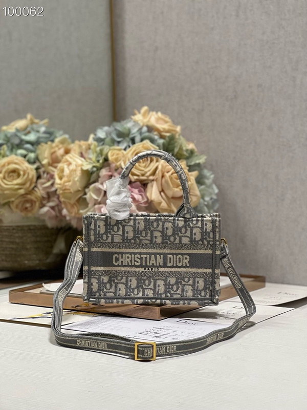 Christian Dior Mini Book Tote Bag 22cm Oblique Embroidery, Ecru and Gray