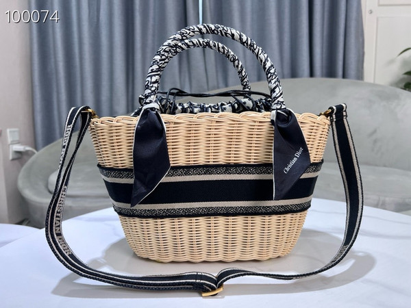 Christian Dior Hat Basket Bag 35cm Natural Wicker and Blue Dior Oblique Jacquard, Blue