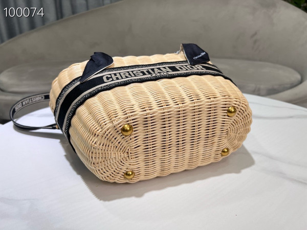 Christian Dior Hat Basket Bag 35cm Natural Wicker and Blue Dior Oblique Jacquard, Blue