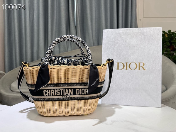 Christian Dior Hat Basket Bag 35cm Natural Wicker and Blue Dior Oblique Jacquard, Blue