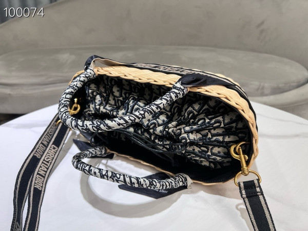 Christian Dior Hat Basket Bag 35cm Natural Wicker and Blue Dior Oblique Jacquard, Blue