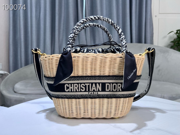 Christian Dior Hat Basket Bag 35cm Natural Wicker and Blue Dior Oblique Jacquard, Blue