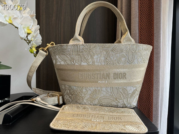 Christian Dior Hat Basket Bag 35cm D-Lace Butterfly Macrame Embroidery, White and Gold-Tone