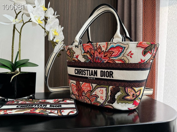 Christian Dior Hat Basket Bag 35cm Albero della Vita Motif Embroidery, White Multicolor Embroidered Cotton