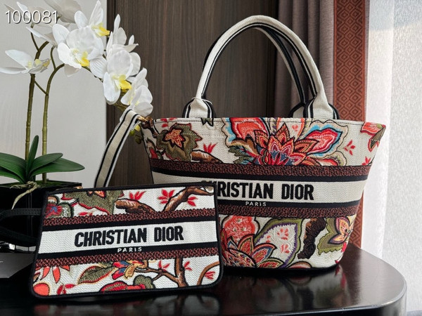 Christian Dior Hat Basket Bag 35cm Albero della Vita Motif Embroidery, White Multicolor Embroidered Cotton
