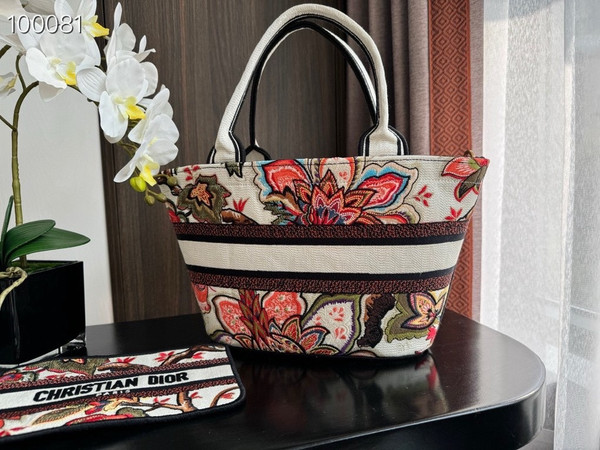 Christian Dior Hat Basket Bag 35cm Albero della Vita Motif Embroidery, White Multicolor Embroidered Cotton