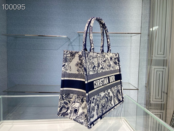 Christian Dior Dior Book Tote Bag 36cm Toile de Jouy Embroidery, Ecru and Blue