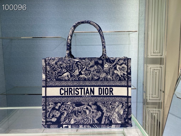 Christian Dior Dior Book Tote Bag 36cm Toile de Jouy Reverse Embroidery, Ecru and Blue